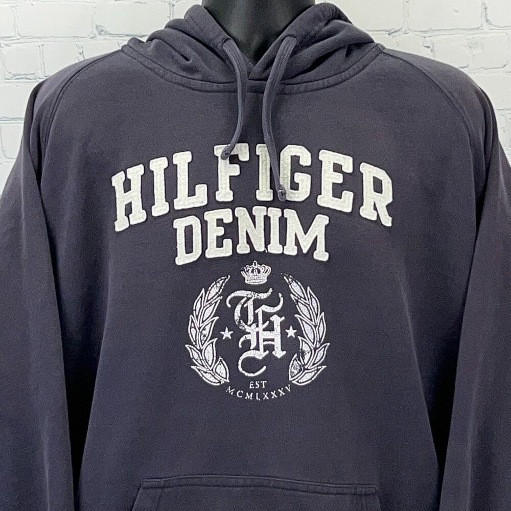 Tommy Hilfiger Denim Hoodie Hooded Sweatshirt Streetwear Gray Unisex 2XL XXL